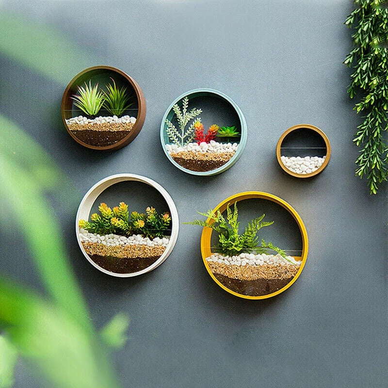 Round Iron Wall Vase Home Living Room Restaurant Hanging Basket Flower Pot Wall Decor Succulent Plant Planters Art Glass Vases