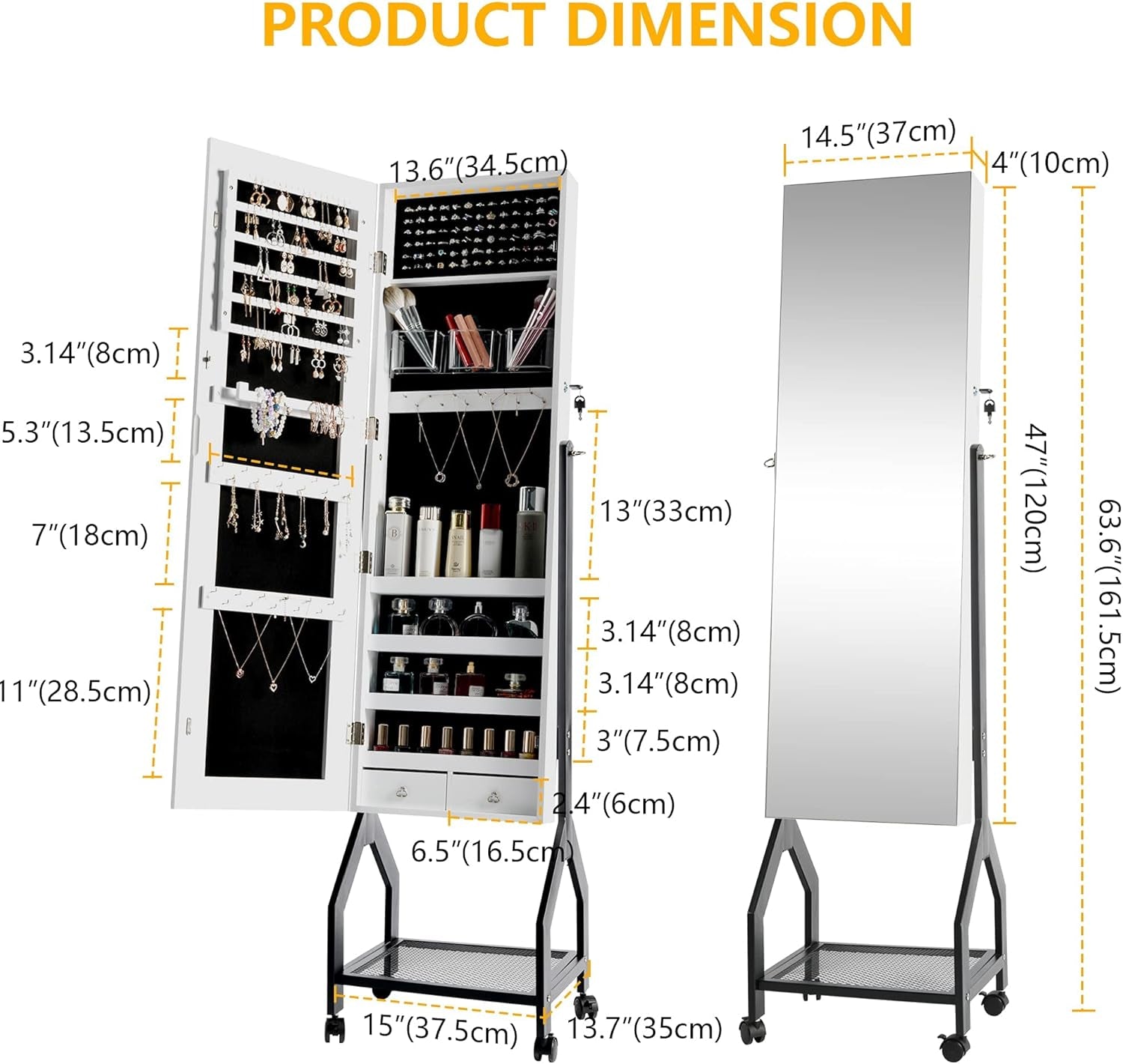 Lockable Jewelry Cabinet with Full-Length Mirror, Large Capacity Jewelry Organizer Box Floor Standing Mirror Jewelry Armoire Removable with Wheels (White with Wheels)