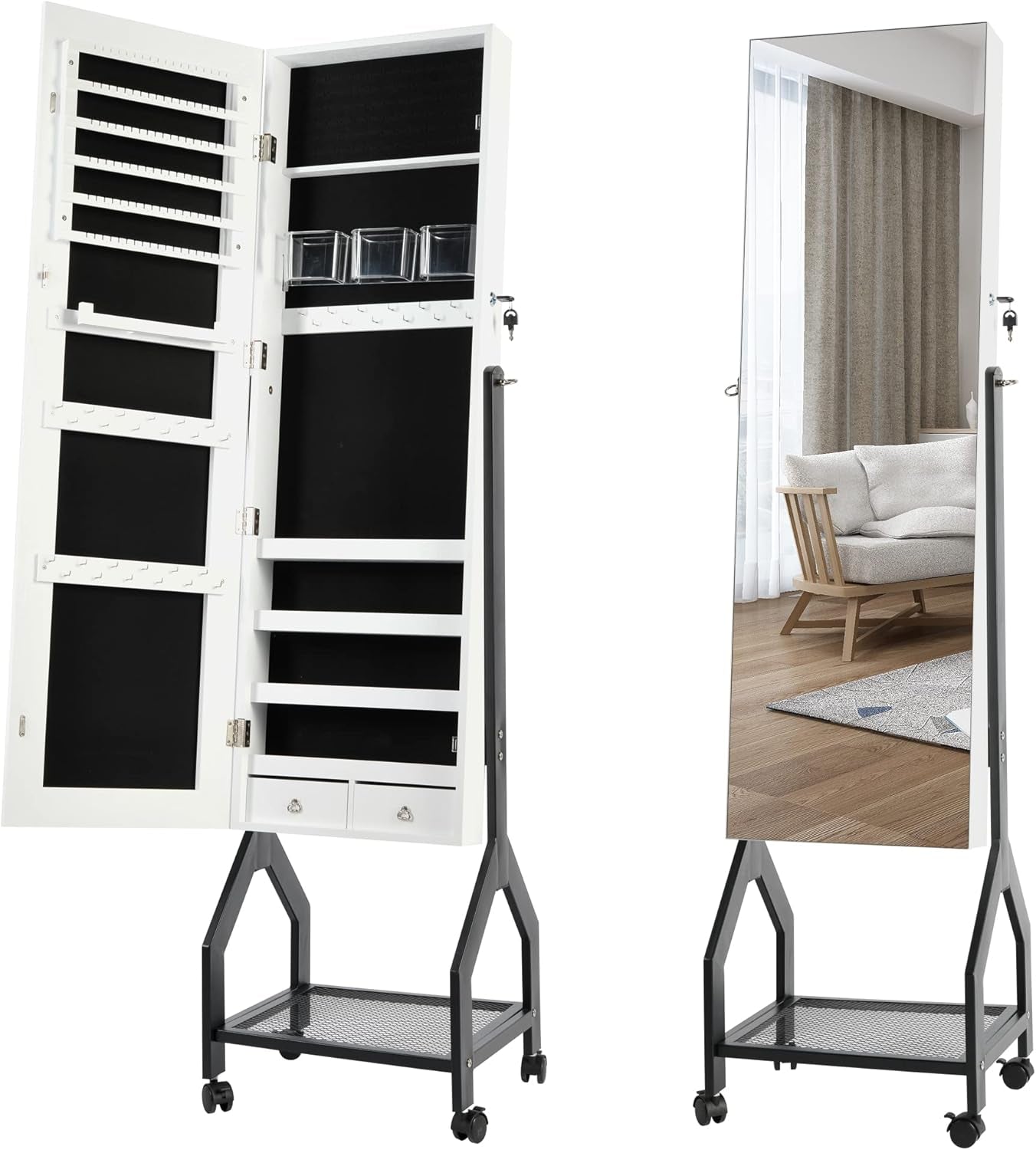 Lockable Jewelry Cabinet with Full-Length Mirror, Large Capacity Jewelry Organizer Box Floor Standing Mirror Jewelry Armoire Removable with Wheels (White with Wheels)