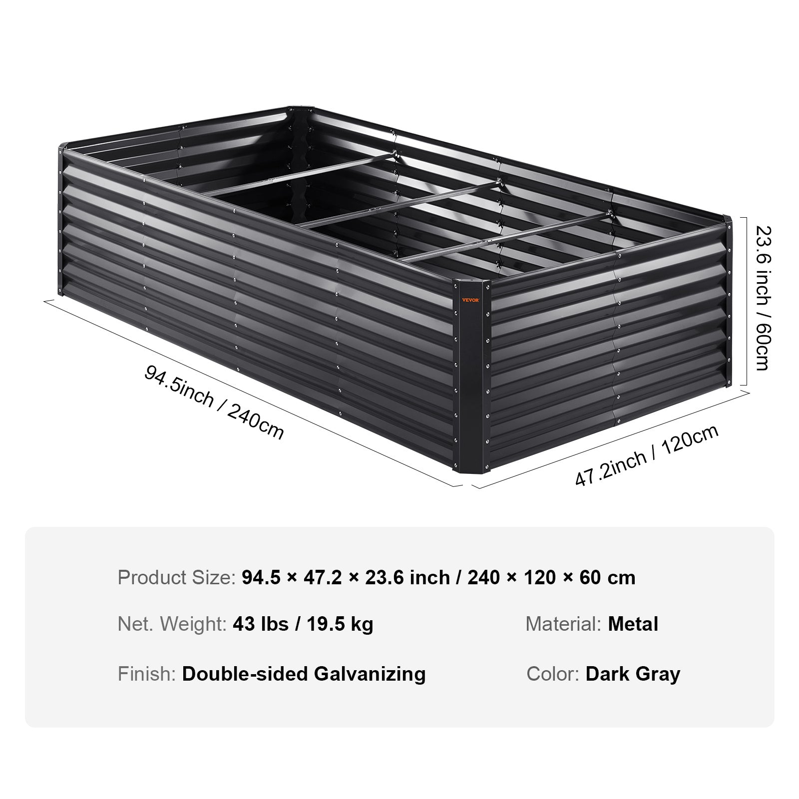 VEVOR Galvanized Raised Garden Bed Planter Box 94.5x47.2x23.6inch Flower Vegetable