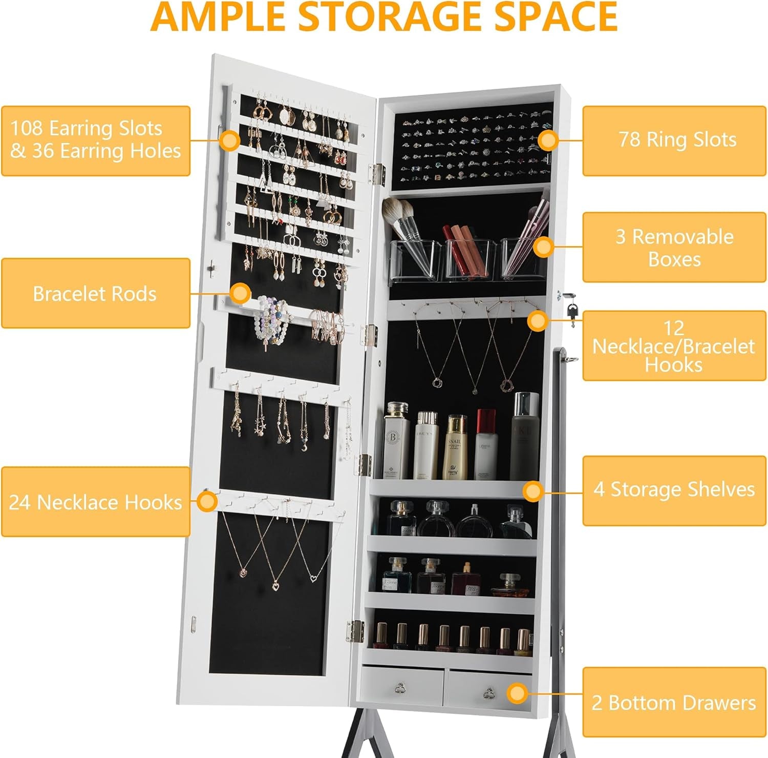 Lockable Jewelry Cabinet with Full-Length Mirror, Large Capacity Jewelry Organizer Box Floor Standing Mirror Jewelry Armoire Removable with Wheels (White with Wheels)